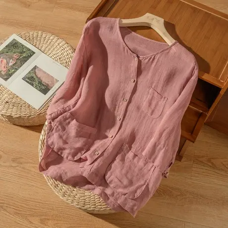 七分袖亚麻衬衫女文艺复古宽松休闲小衫2022春夏新款棉麻上衣T恤图片