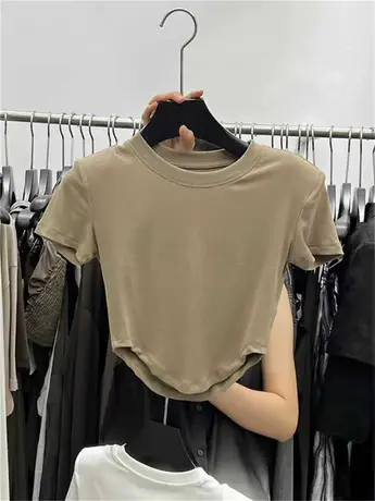 韩国东大门2023春夏新款圆领垫肩修身短款T恤女纯色下摆圆弧上衣图片