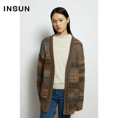 INSUN恩裳秋季花纹开衫毛针织衫外套图片