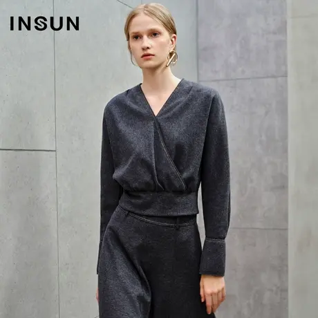 INSUN恩裳线上专选冬季V领交叉针织羊毛上衣图片
