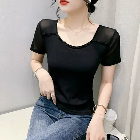 时尚钉珠网纱T恤女短袖2024夏装新款欧货性感修身上衣洋气小衫潮图片