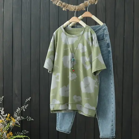 全棉透气女装夏季2022新款印花短袖T恤宽松圆领套头体恤衫上衣服商品大图