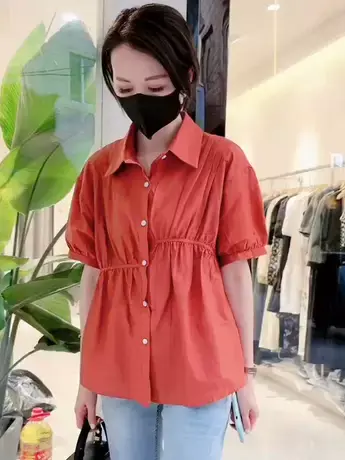 泡泡袖宽松设计感短袖衬衫女2023夏季新款韩版百搭小个子衬衣小衫商品大图