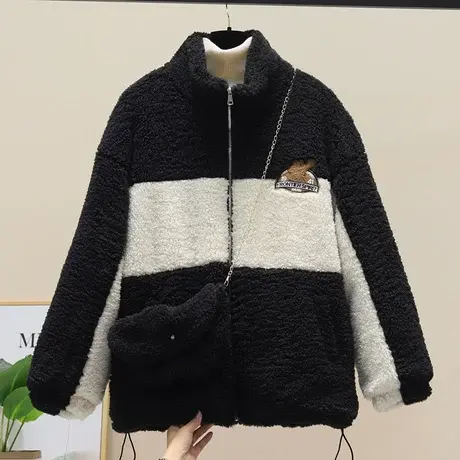 立领羊羔毛外套女春秋冬百搭颗粒绒休闲上衣送包包ins潮拼色棉衣图片