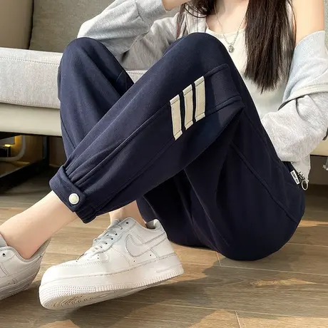 藏蓝色运动裤女2024秋冬新款高腰宽松显瘦九分百搭束脚休闲哈伦裤图片