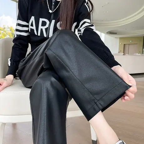黑色美式皮裤女秋冬2023新款高腰宽松显瘦九分裤哑光PU皮直筒裤子商品大图