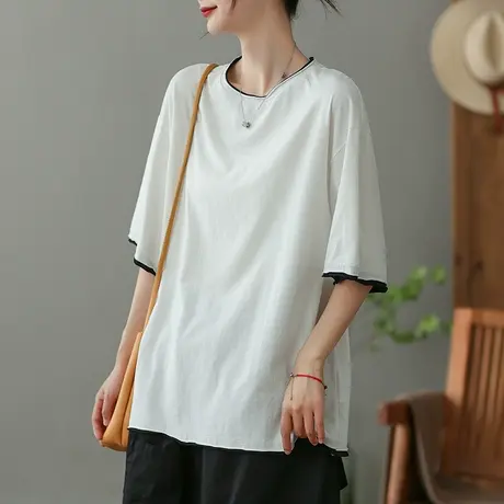 dza白色亚麻短袖T恤女2023夏季薄款圆领打底体恤宽松棉麻套头上衣商品大图