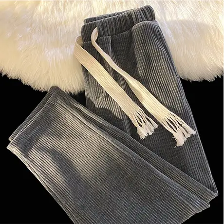 灯芯绒裤子女2021秋冬宽松卫裤显瘦直筒休闲高腰阔腿运动裤潮ins图片