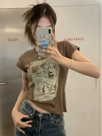 纯棉美式辣妹正肩t恤女短款修身小个子显瘦夏季高腰短袖甜辣上衣商品大图