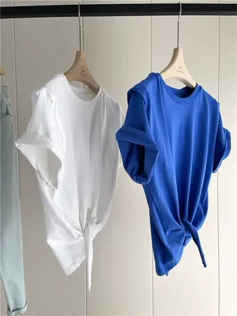 短袖t恤女2021夏季新款宽松显瘦百搭经典阔肩下摆打结设计感上衣商品大图