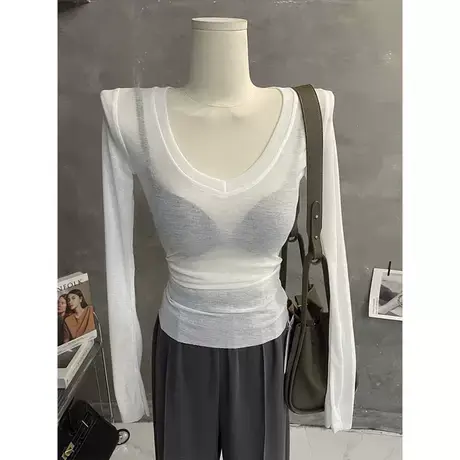 纸片人显瘦tips～碳灰色V领微透打底衫长袖T恤防晒衫百搭上衣女商品大图