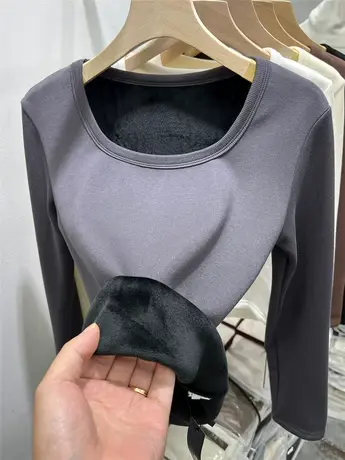 低圆领露锁骨一体加绒加厚长袖T恤女2023秋冬新款内搭打底衫上衣商品大图