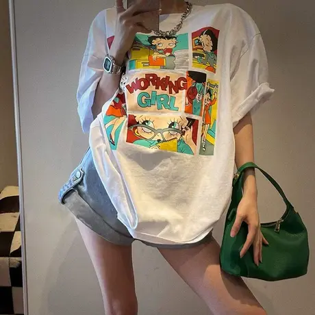 夏季欧美街头风设计感正肩休闲大码t恤女潮牌ins宽松纯棉短袖上衣商品大图