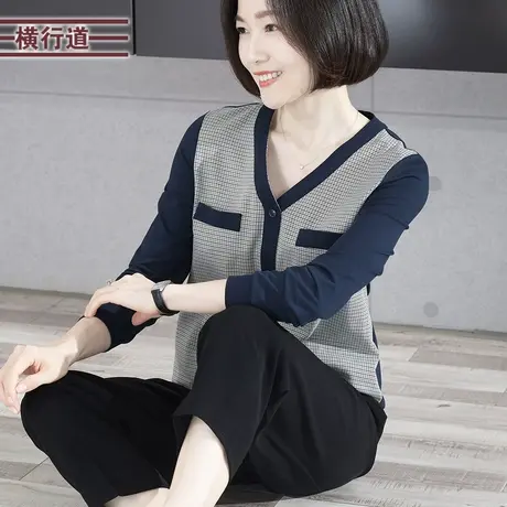 2025春季新款V领上衣服宽松胖MM中年妈妈长袖T恤女装大码外穿小衫商品大图