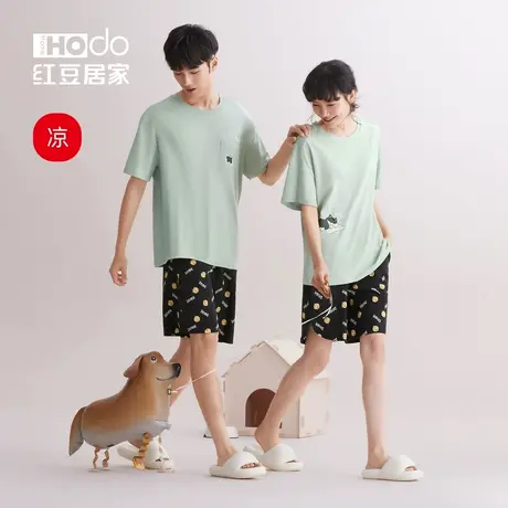 红豆居家【凉感】情侣睡衣夏季棉可外穿短袖短裤男女士家居服套装商品大图