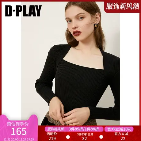 DPLAY2025年春季黑色小衫女露锁骨修身时尚打底内搭针织衫上衣商品大图