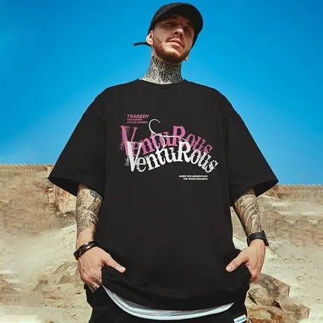 高街潮牌宽松T恤简约短袖男加肥加大五分袖纯棉字母大码男装夏季商品大图