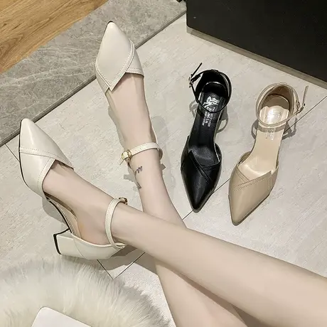 尖头高跟鞋女2023春新款夏季粗跟凉鞋仙女风法式浅口黑色复古单鞋图片