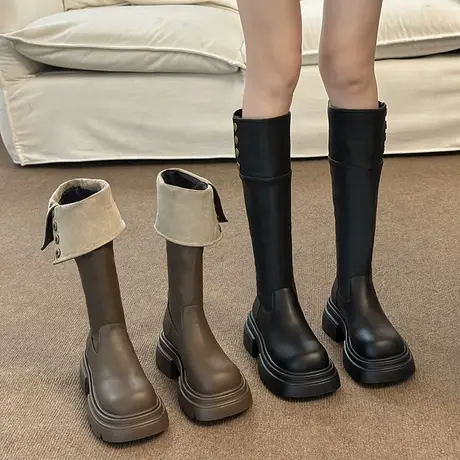 长筒靴女2023新款秋季小个子时尚百搭网红粗跟气质不过膝高筒靴秋图片