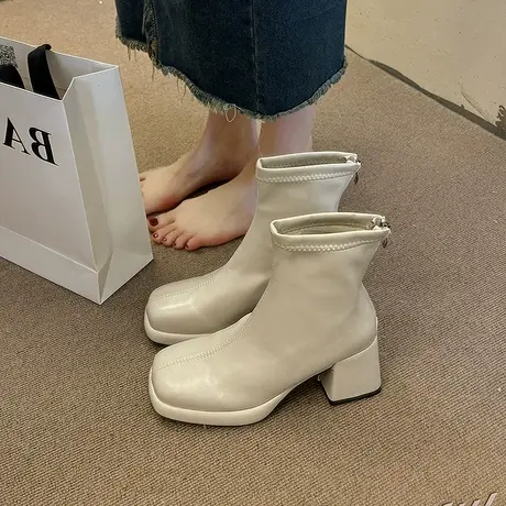 英伦风粗高跟小短靴女外穿2024年秋季新款厚底马丁靴配裙子瘦瘦靴图片