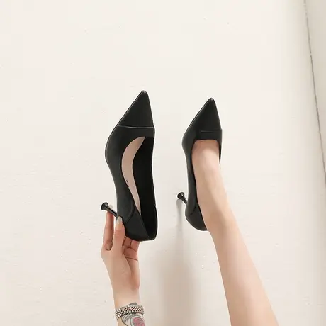 黑色职业工作鞋2023年春季新款百搭软皮高跟鞋女细跟性感尖头单鞋图片