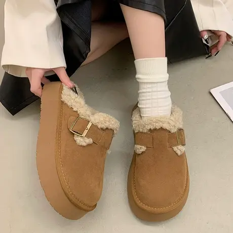 包头半拖鞋女冬季外穿厚底复古加绒勃肯2023新款羊羔毛毛棉拖爆款商品大图