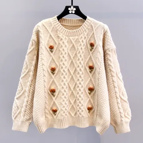 复古麻花手工花朵毛衣女冬季2023新款宽松慵懒风设计感打底针织衫商品大图