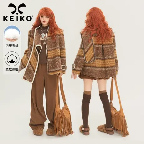 KEIKO [夹棉]复古风咖色条纹毛呢外套女秋冬美拉德穿搭披肩领大衣商品大图