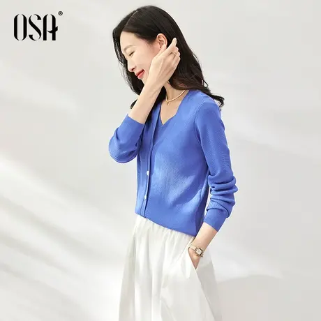 OSA欧莎 显瘦百搭薄款蓝色假两件v领针织衫上衣春装女2023年新款商品大图