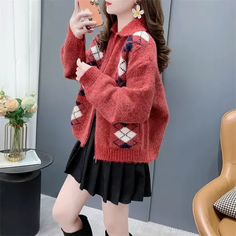 复古文艺菱格拉链毛衣开衫女秋冬宽松软糯设计感加厚针织外套上衣商品大图