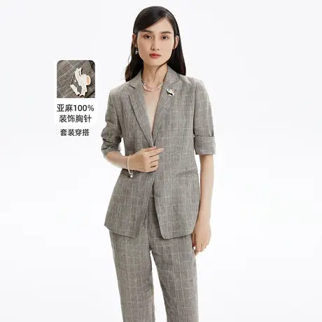 LANCY/俪雅商场同款女士格子夹克西服亚麻小众外套夏新款上衣奥莱图片