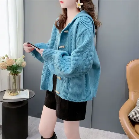 海军领麻花牛角扣毛衣外套女秋冬2023新款短款小个子百搭针织开衫商品大图
