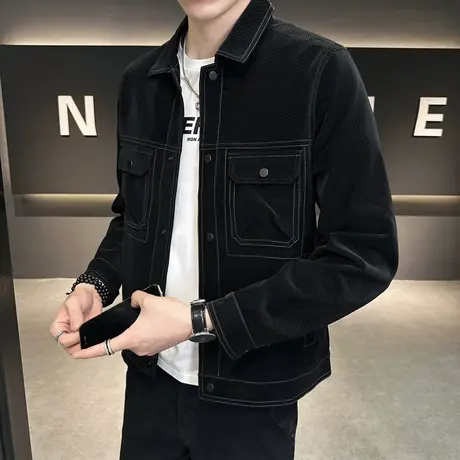 夹克外套春秋季2023新款高级感潮流简约明线休闲短款工装机车上衣商品大图