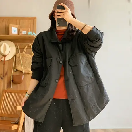 dza 复古大翻领口袋中长款轻便棉服外套女冬外穿保暖棉衣棉袄上衣商品大图