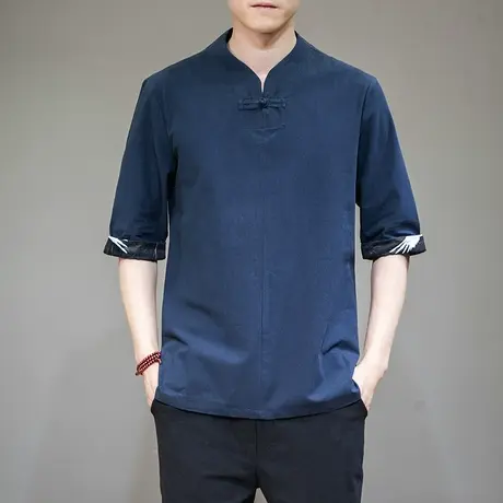 夏季半袖棉麻盘扣青年男短袖T恤装复古五分袖体恤休闲中袖打底衫商品大图