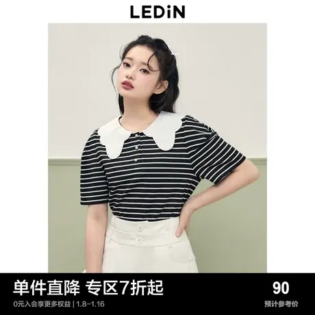 乐町娃娃领上衣甜美夏季女装黑白条纹大翻领宽松短袖T恤商品大图