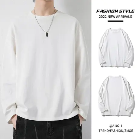 重磅索罗娜小领口长袖t恤男纯棉宽松春秋卫衣圆领纯白色打底衫男商品大图