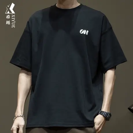 重磅双面棉短袖T恤男2024春季新款宽松大码印花圆领男士打底上衣商品大图