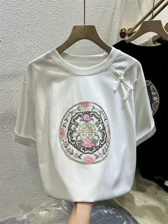 圆领新中式重工刺绣盘扣T恤女简约气质2024春季爆款显瘦休闲短袖商品大图