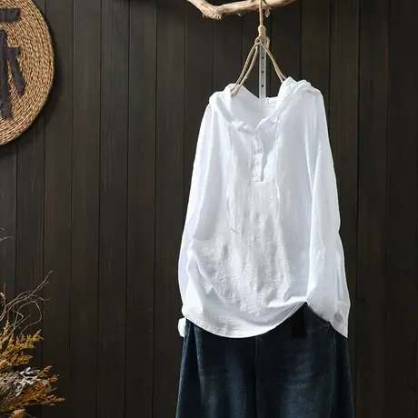 纯色纯棉竹节棉连帽长袖白t恤女2024春装新宽松休闲百搭打底上衣商品大图