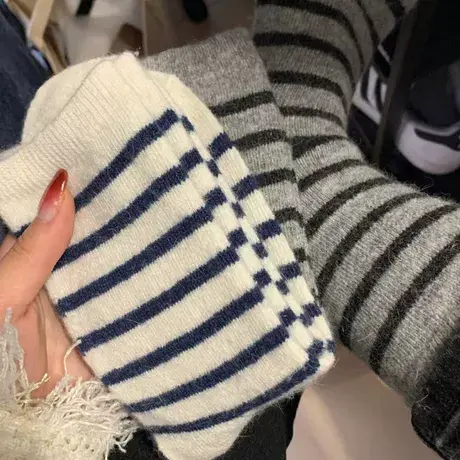 厚条纹袜子女厚厚的中筒条纹袜ins韩版梦中情袜日系百搭冬季保暖商品大图
