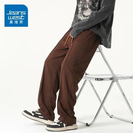 KZ真维斯冬季驼色卫裤直筒休闲长裤男士秋冬款针织运动男裤子弹力商品大图
