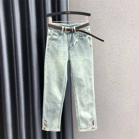 欧货直筒裤女24春夏新款浅蓝色金属装饰烟管裤宽松百搭牛仔九分裤图片