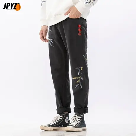 国潮刺绣牛仔裤男宽松直筒2022年秋新款休闲长裤子潮牌工装九分裤图片