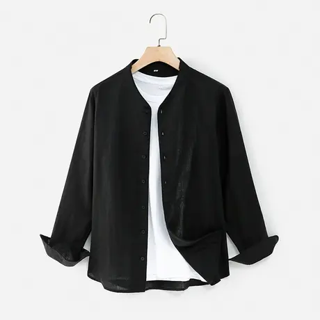 亚麻休闲衬衫男盘扣黑色衬衣男士国风百搭2024春秋款外套上衣宽松商品大图