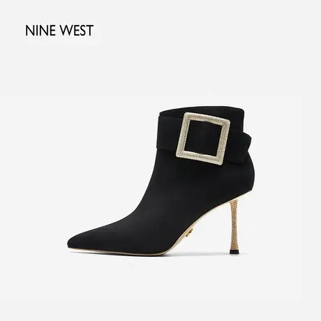 Nine West/玖熙钻扣反绒纯色时装靴2023冬新款尖头气质高跟短靴女商品大图