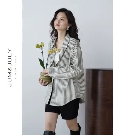 嘉茱莉2023早秋新款韩版条纹衬衫女宽松慵懒风POLO领上衣简约外套商品大图
