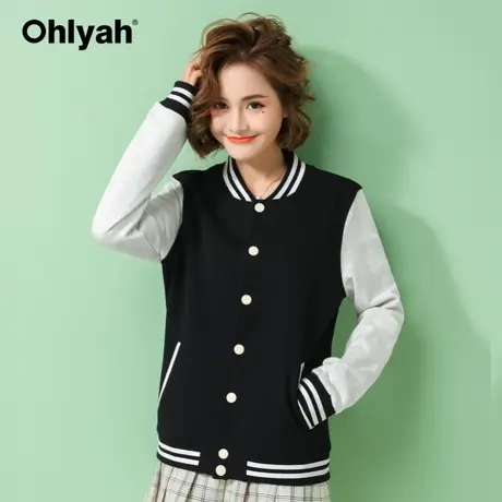 Ohlyah品牌大码棒球服女开衫短款外套纯棉卫衣立领情侣装夹克黑色商品大图