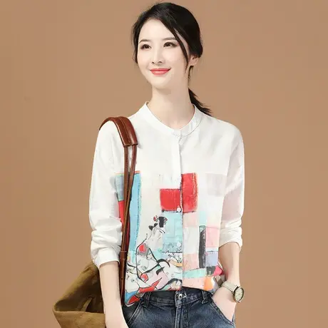 韩潮袭人立领印花长袖衬衣秋款2023新时尚百搭女士衬衫设计感小众商品大图