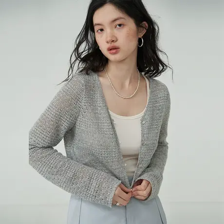 omont蛋挞家 镂空薄款防晒开衫2023夏季新复古V领长袖短款针织衫商品大图